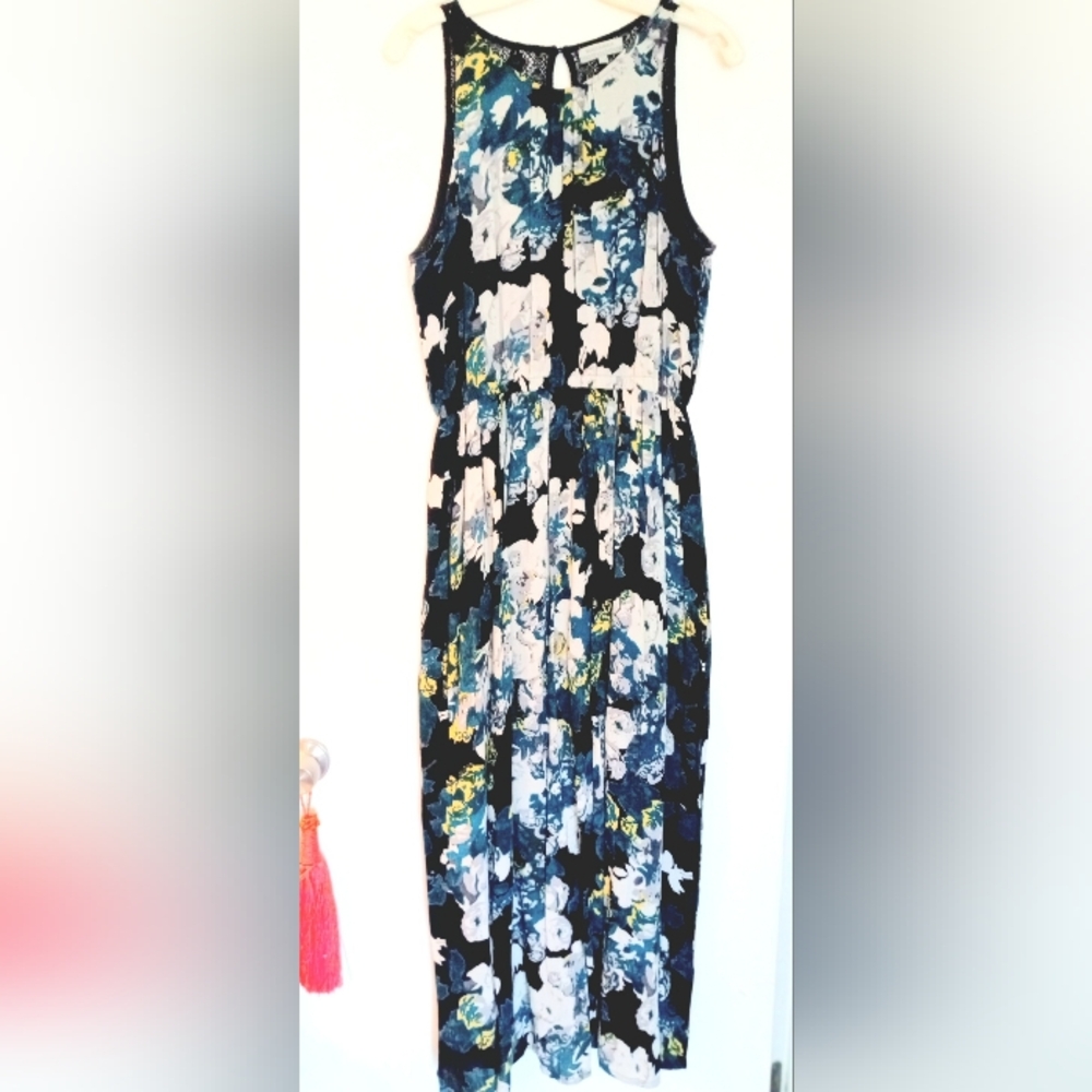 World Market Boho Floral Maxi Dress in Yellow, White & Blue, Black Lace L/XL